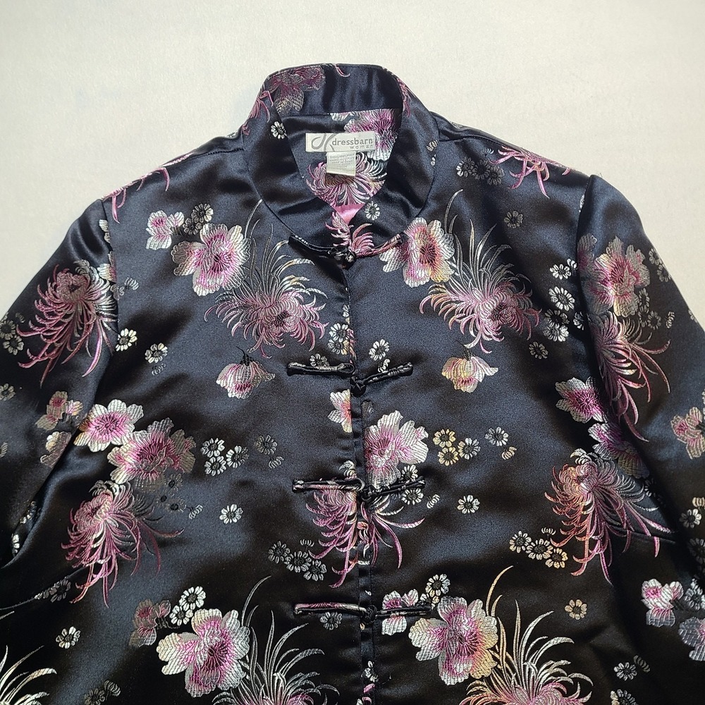 Dress Barn Chinese Asian Black and Pink Floral Satin Jacket Size L Large